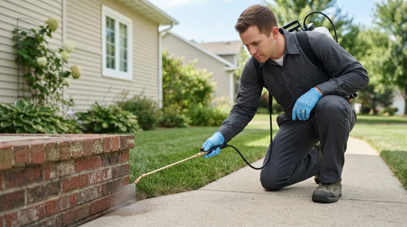 Pest control technician treating a home near Clinton, OK