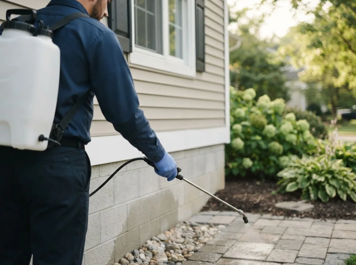 Pest control technician inspecting a home in Clinton, OK